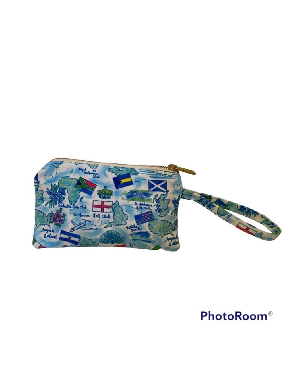 KAELI SMITH BAG POUCH WRISTLET CLUTCH BLUE WHITE FABRIC GOLF CLUB THEME ZIP TOP